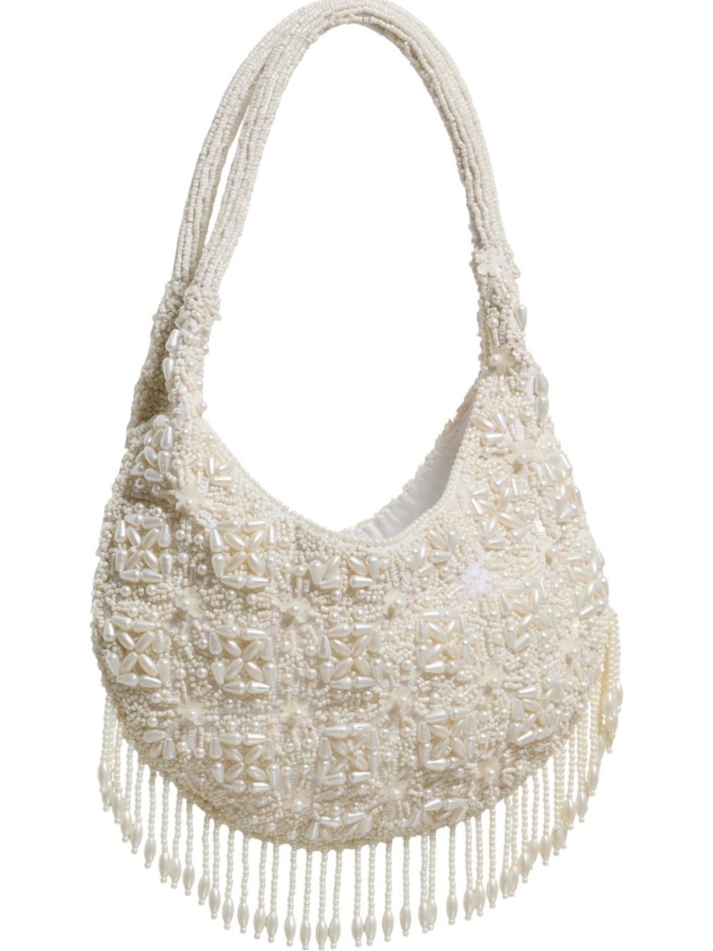 Beaded Ivory Fringe Hobo Bag